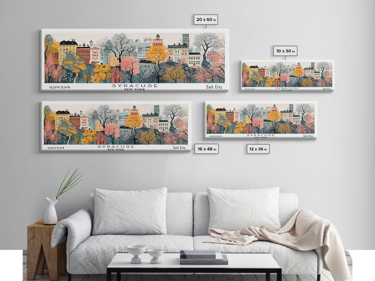 Syracuse New York Panoramic Wall Art, Mid Century Modern Framed Canvas Print, Retro Pop Art Travel Poster, Living Room and Office Decor