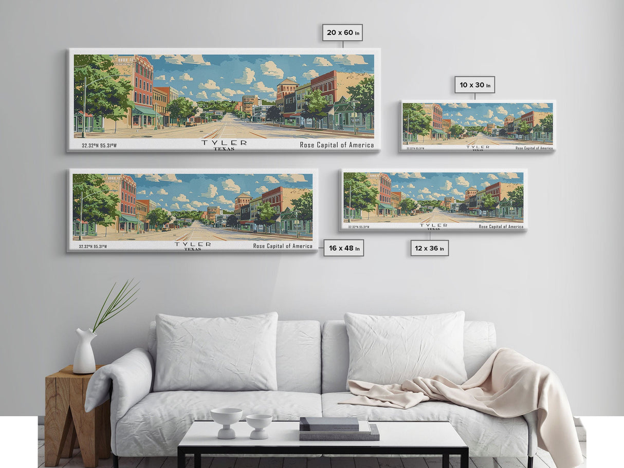 Tyler Texas Panoramic Wall Art, Mid Century Modern Framed Canvas Print, Retro Pop Art Travel Poster, City Print, Living Room Decor