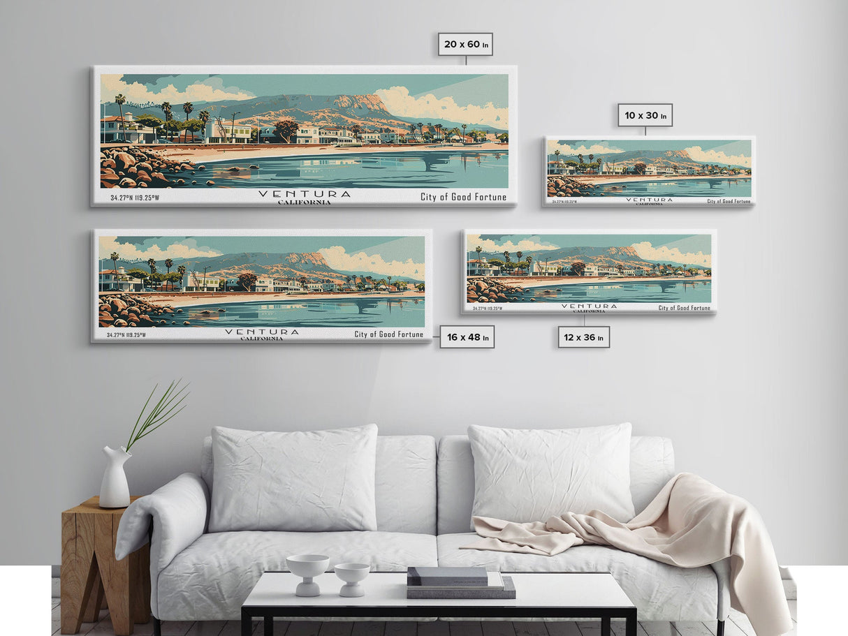 Ventura California Panoramic Wall Art, Mid Century Modern Framed Canvas Print, Retro Pop Art Travel Poster, City Art, Home Decoration