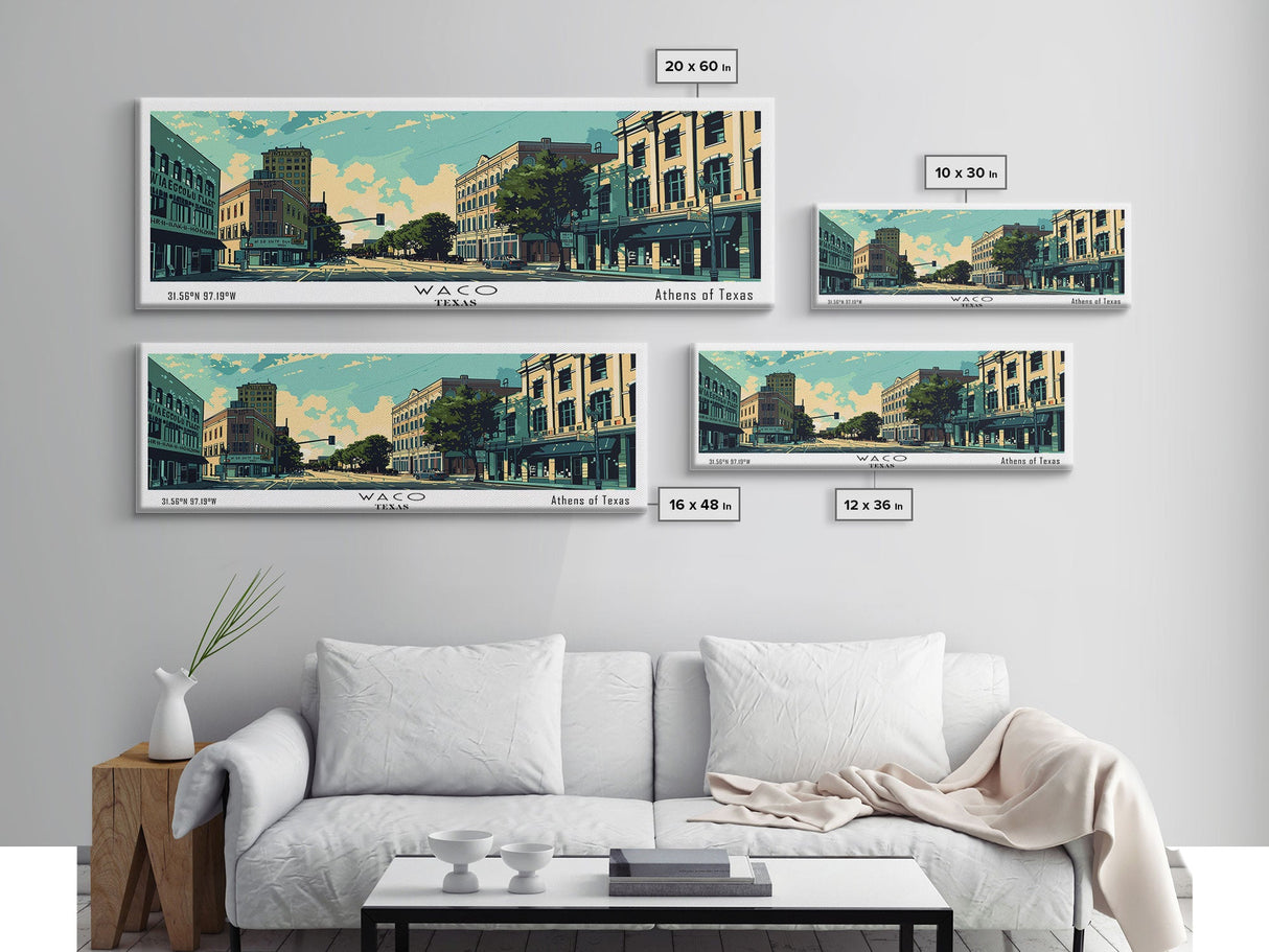 Waco Texas Panoramic Wall Art, Mid Century Modern Framed Canvas Print, Retro Pop Art Travel Poster, City Print, Living Room Decor