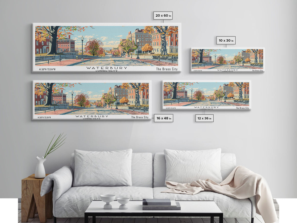 Waterbury Connecticut Panoramic Art, Mid Century Modern Framed Canvas Print, Retro Pop Art Travel Poster, City Print, Living Room Wall Decor