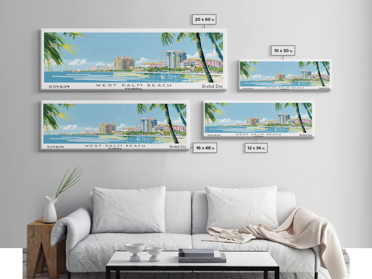 West Palm Beach Florida Panoramic Art, Mid Century Modern Framed Canvas Print, Retro Pop Art Travel Poster, City Print, Living Room Wall Decor