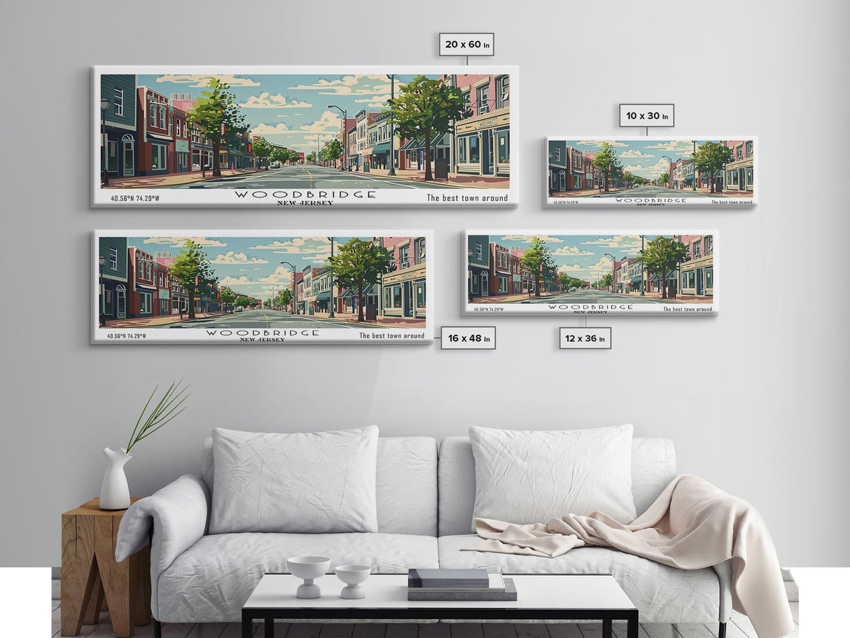 Woodbridge New Jersey Panoramic Painting, Mid Century Modern Framed Canvas Print, Retro Pop Art Travel Poster, Office Wall Art, Home Decoration