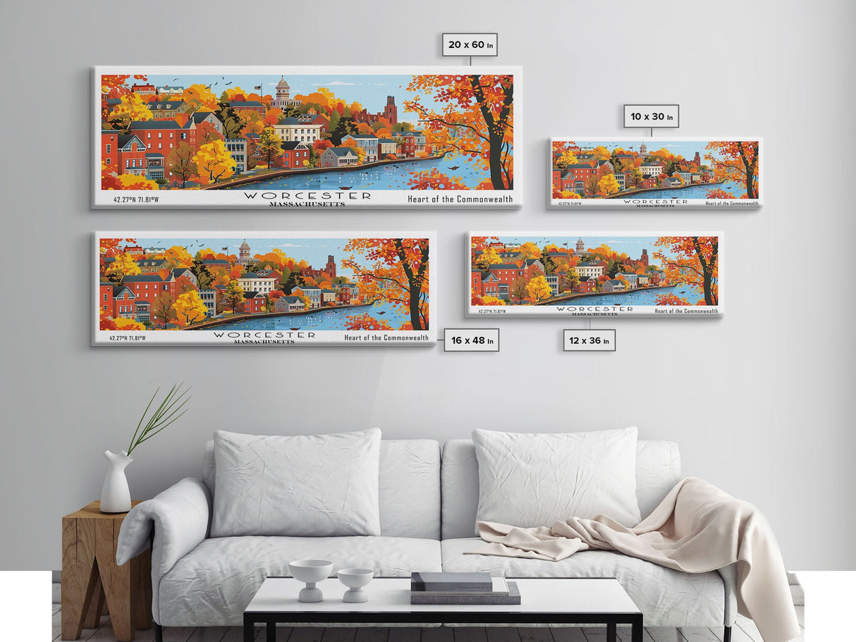 Worcester Massachusetts Panoramic Art, Mid Century Modern Framed Canvas Print, Retro Pop Art Travel Poster, City Print, Living Room Wall Decor