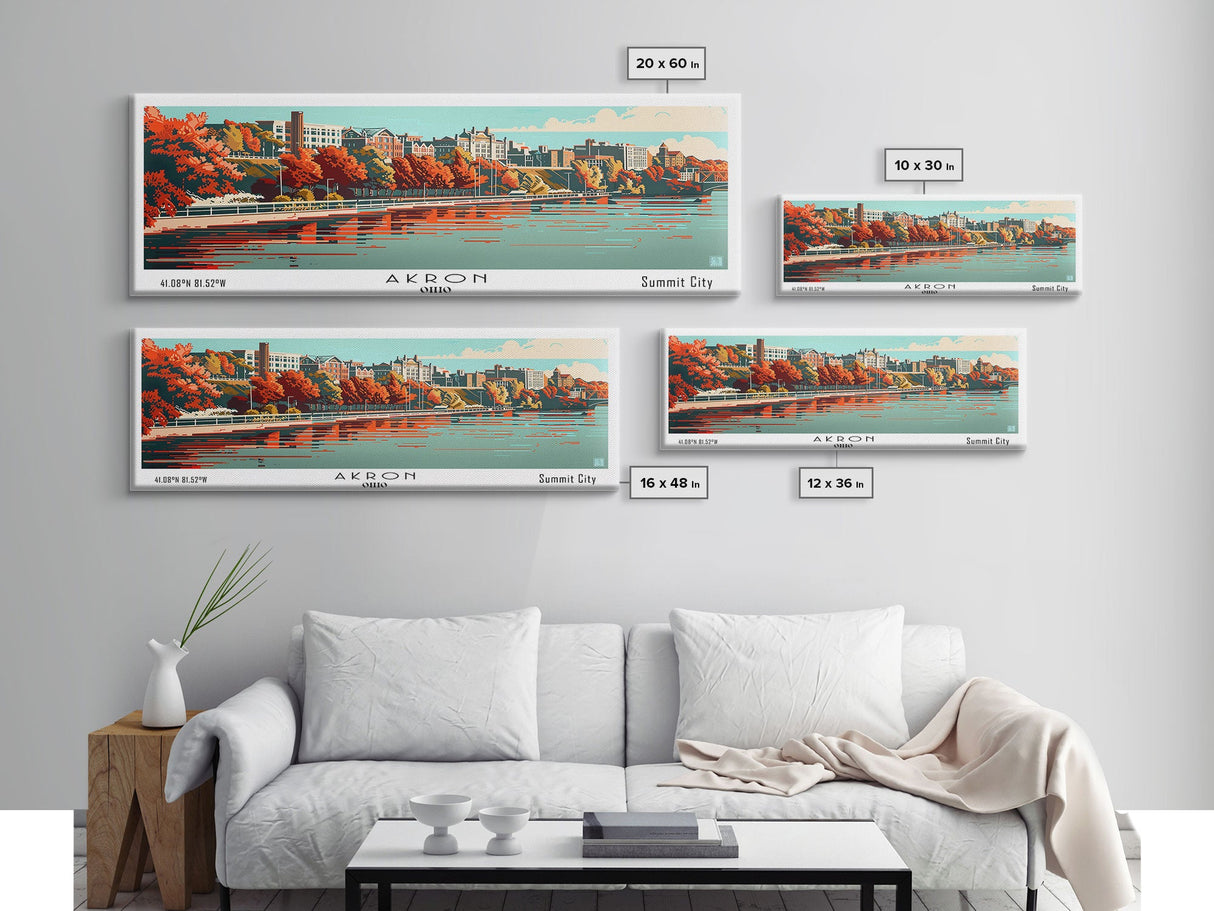 Akron Ohio Panoramic Painting, Framed Canvas Print, Mid Century Modern Wall Art, Retro Pop Art Travel Poster, Living Room Decor, City Art