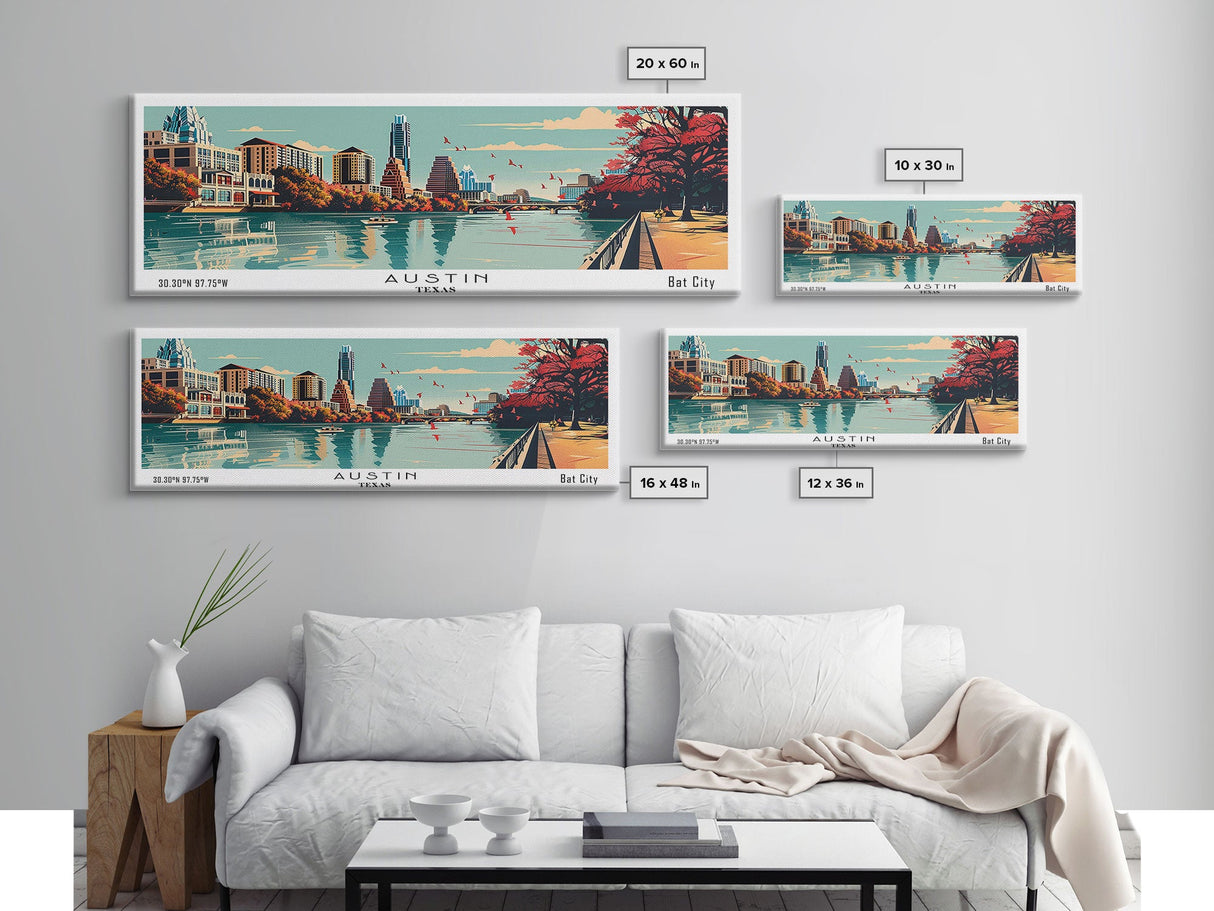 Austin Texas Panoramic Painting, Framed Canvas Print, Mid Century Modern Wall Art, Retro Pop Art Travel Poster, Home Decor, City Art