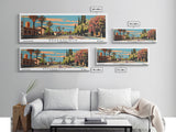 Bakersfield California Panoramic Painting, Framed Canvas Print, Mid Century Modern Wall Art, Retro Pop Art Travel Poster, Living Room Decor, City Art