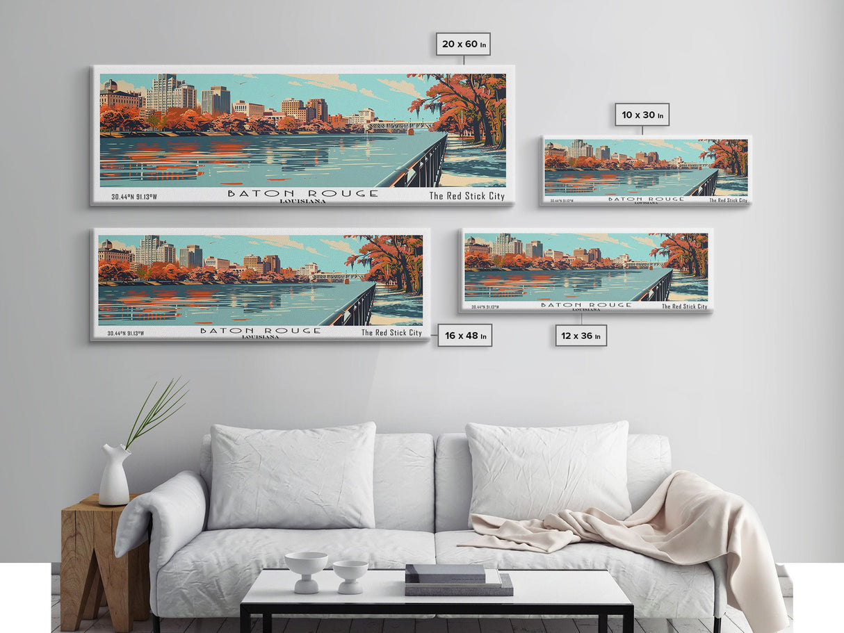 Baton Rouge Louisiana Panoramic Painting, Framed Canvas Print, Mid Century Modern Wall Art, Retro Pop Art Travel Poster, Living Room Decor, City Art