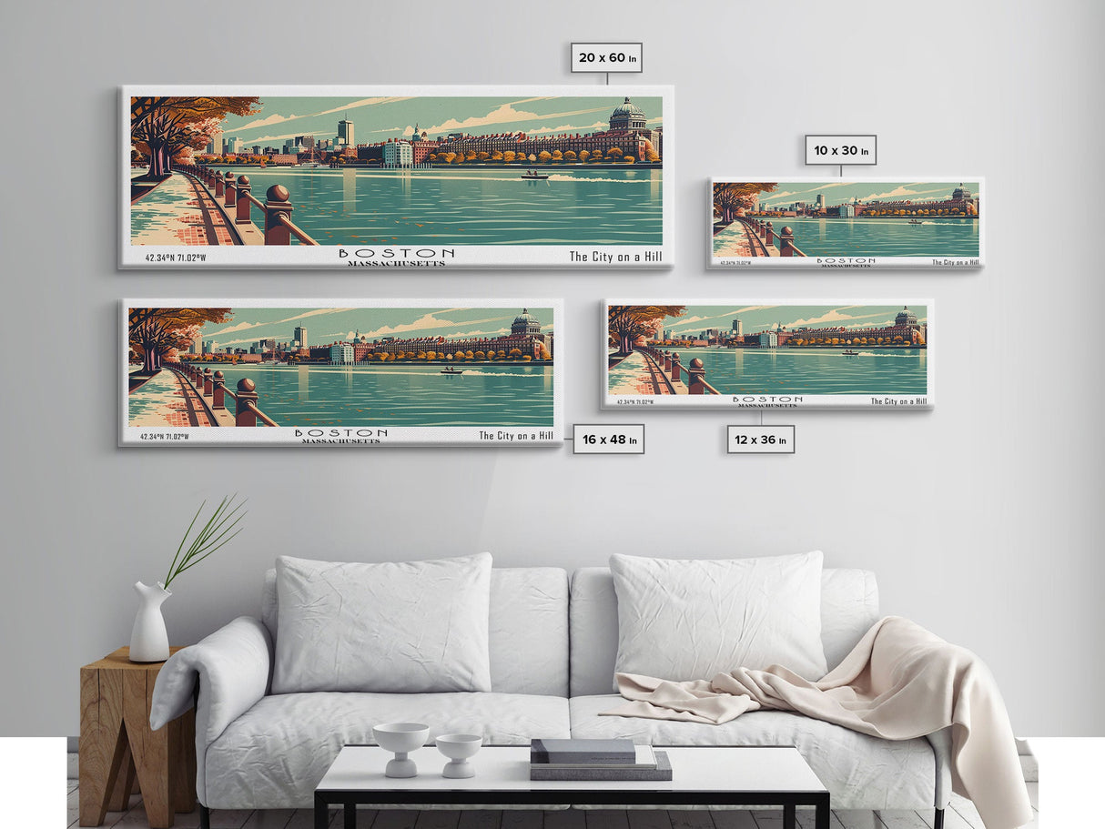 Boston Massachusetts Panoramic Painting, Framed Canvas Print, Mid Century Modern Wall Art, Retro Pop Art Travel Poster, Home Decor, City Art