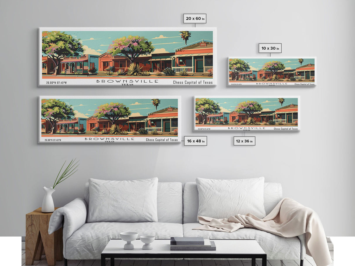 Brownsville Texas Panoramic Painting, Framed Canvas Print, Mid Century Modern Wall Art, Retro Pop Art Travel Poster, Living Room Decor, City Art