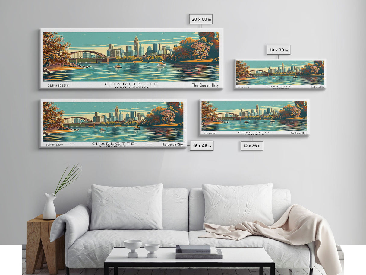 Charlotte North Carolina Panoramic Painting, Framed Canvas Print, Mid Century Modern Wall Art, Retro Pop Art Travel Poster, Living Room Decor, City Art