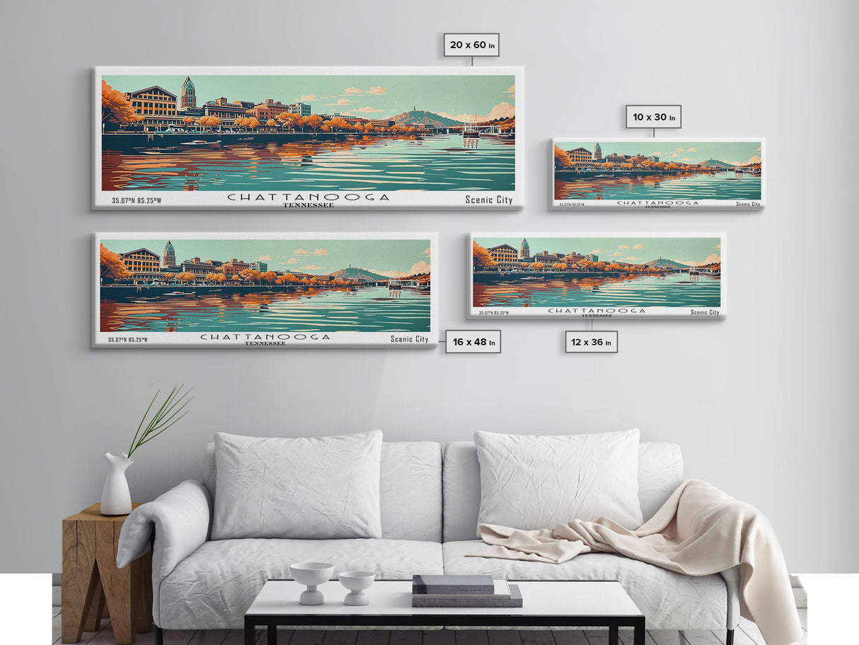 Chattanooga Tennessee Panoramic Painting, Framed Canvas Print, Mid Century Modern Wall Art, Retro Pop Art Travel Poster, Office Decor, City Art