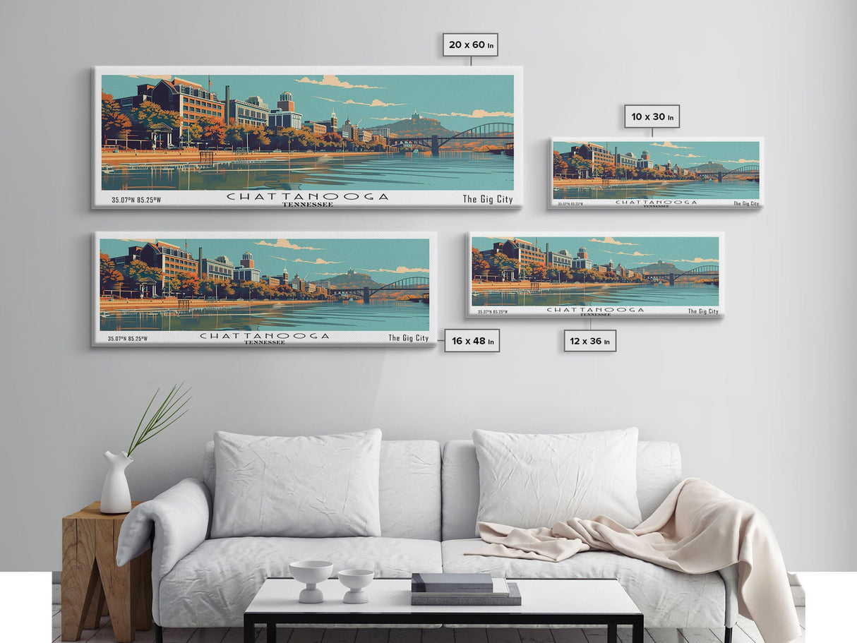 Chattanooga Tennessee Panoramic Painting, Framed Canvas Print, Mid Century Modern Wall Art, Retro Pop Art Travel Poster, Home Decor, City Art