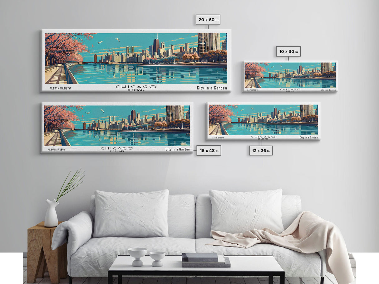 Chicago Illinois Panoramic Painting, Framed Canvas Print, Mid Century Modern Wall Art, Retro Pop Art Travel Poster, Office Decor, City Art