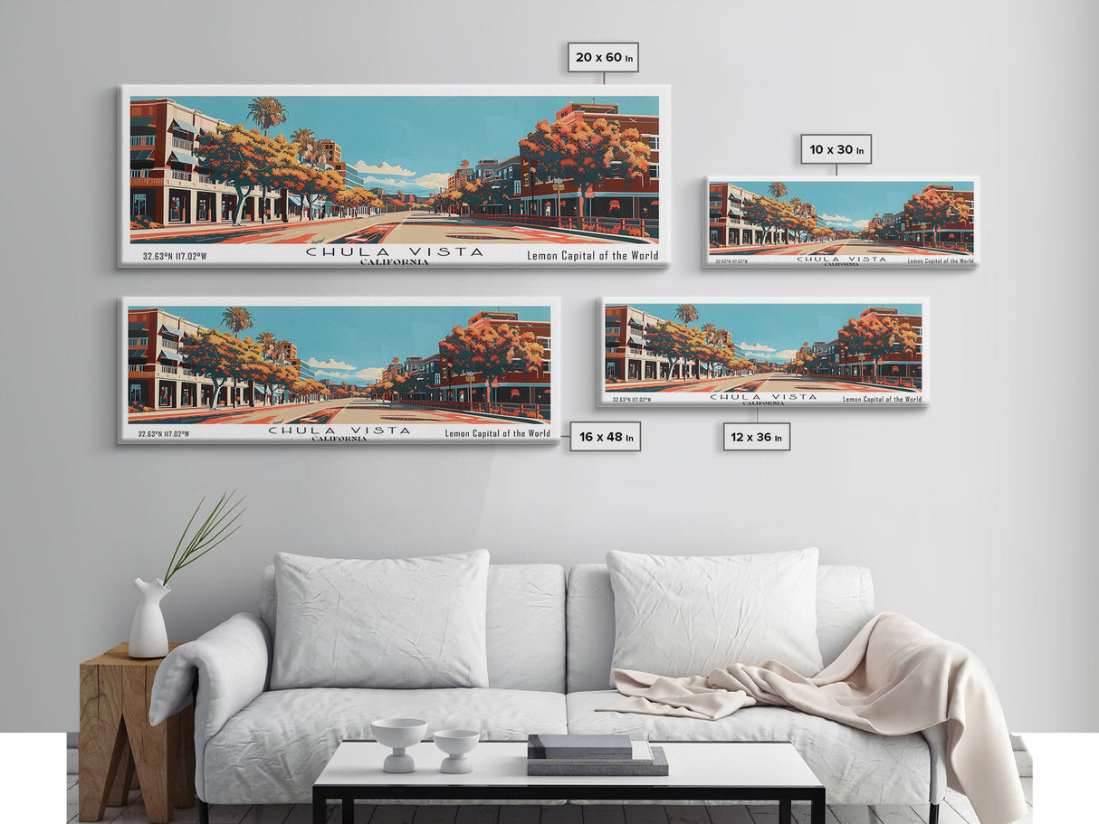 Chula Vista California Panoramic Painting, Framed Canvas Print, Mid Century Modern Wall Art, Retro Pop Art Travel Poster, Home Decor, City Art