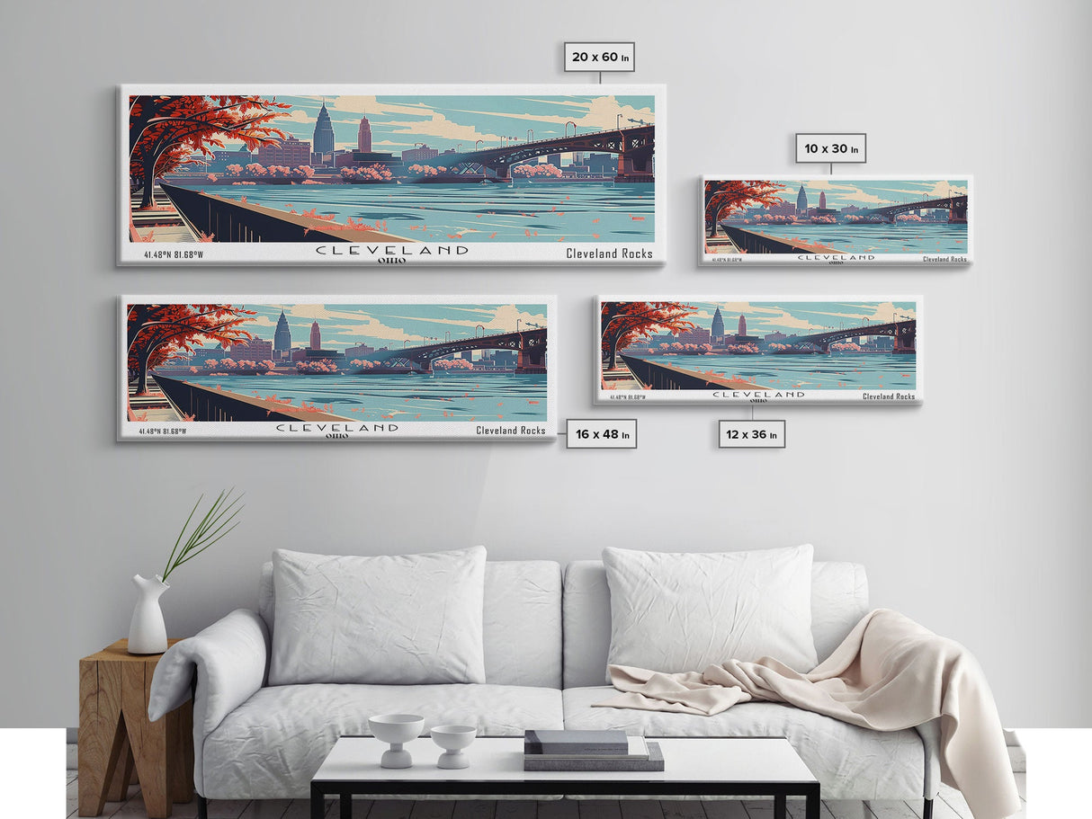 Cleveland Ohio Panoramic Painting, Framed Canvas Print, Mid Century Modern Wall Art, Retro Pop Art Travel Poster, Living Room Decor, City Art