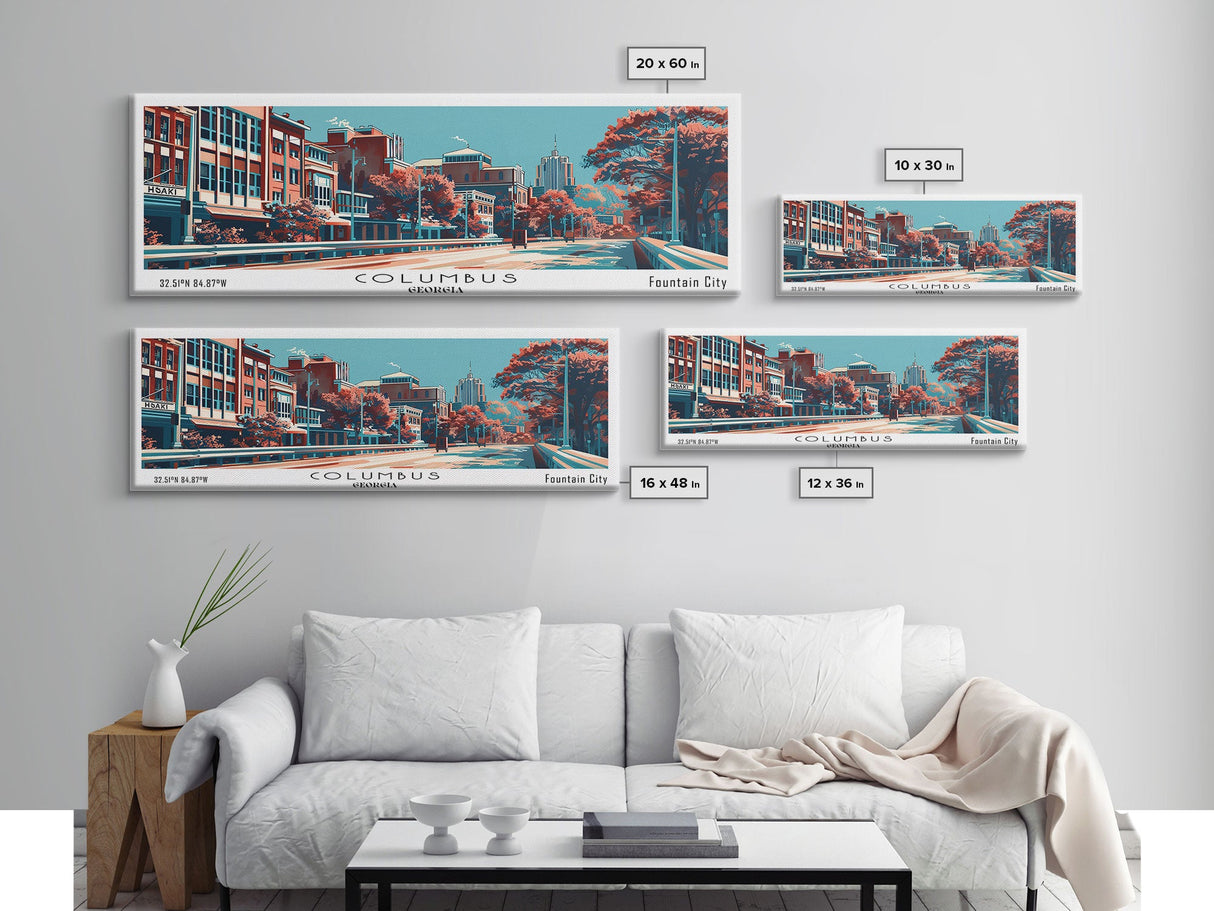 Columbus Georgia Panoramic Painting, Framed Canvas Print, Mid Century Modern Wall Art, Retro Pop Art Travel Poster, Home Decor, City Art