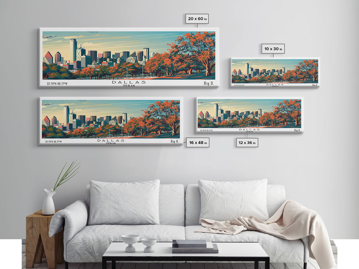 Dallas Texas Panoramic Painting, Framed Canvas Print, Mid Century Modern Wall Art, Retro Pop Art Travel Poster, Home Decor, City Art