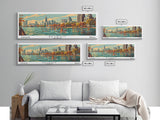 Detroit Michigan Panoramic Painting, Framed Canvas Print, Mid Century Modern Wall Art, Retro Pop Art Travel Poster, Office Decor, City Art