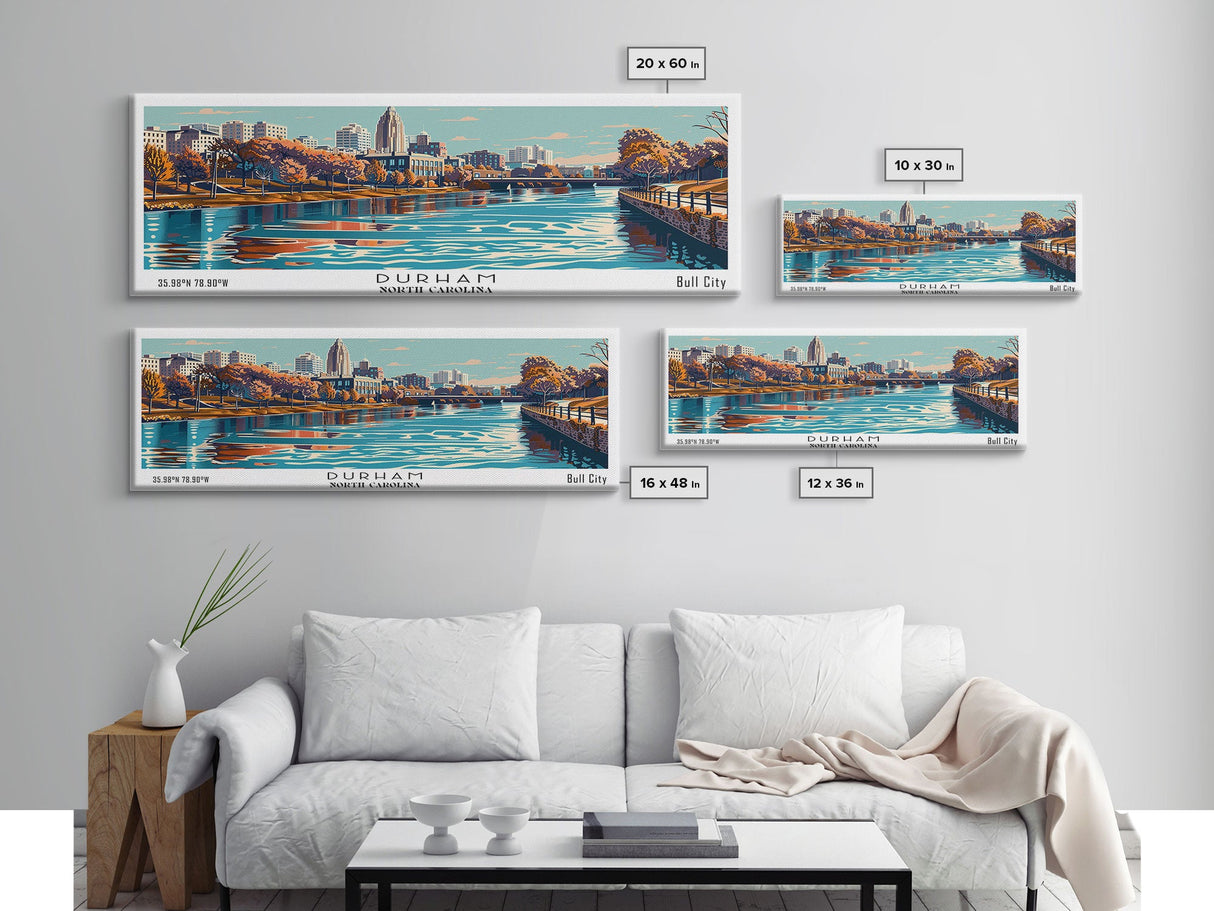 Durham North Carolina Panoramic Painting, Framed Canvas Print, Mid Century Modern Wall Art, Retro Pop Art Travel Poster, Home Decor, City Art