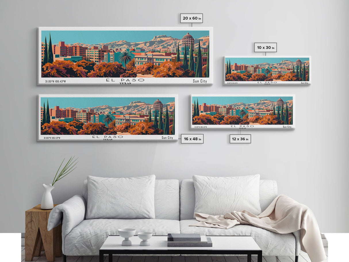 El Paso Texas Panoramic Painting, Framed Canvas Print, Mid Century Modern Wall Art, Retro Pop Art Travel Poster, Home Decor, City Art