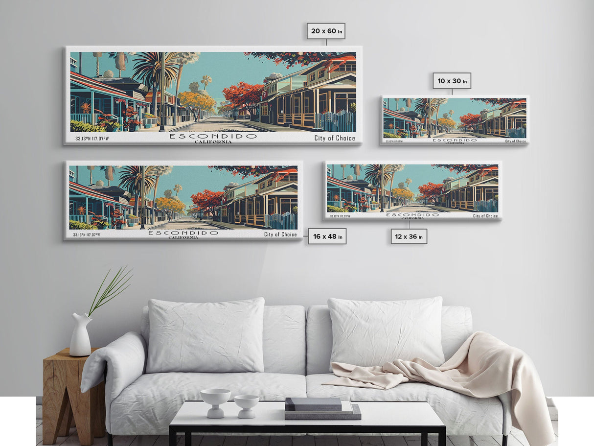 Escondido California Panoramic Painting, Framed Canvas Print, Mid Century Modern Wall Art, Retro Pop Art Travel Poster, Living Room Decor, City Art