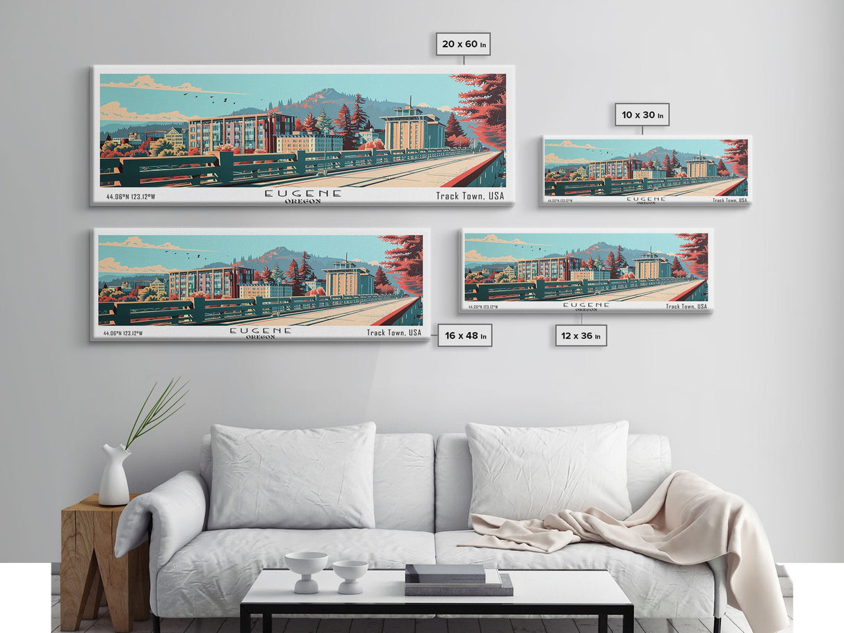 Eugene Oregon Panoramic Painting, Framed Canvas Print, Mid Century Modern Wall Art, Retro Pop Art Travel Poster, Office Decor, City Art