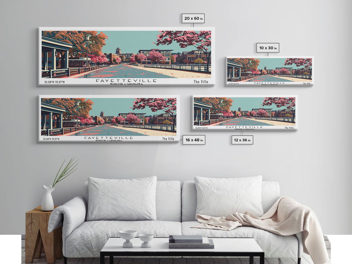 Fayetteville North Carolina Panoramic Painting, Framed Canvas Print, Mid Century Modern Wall Art, Retro Pop Art Travel Poster, Home Decor, City Art