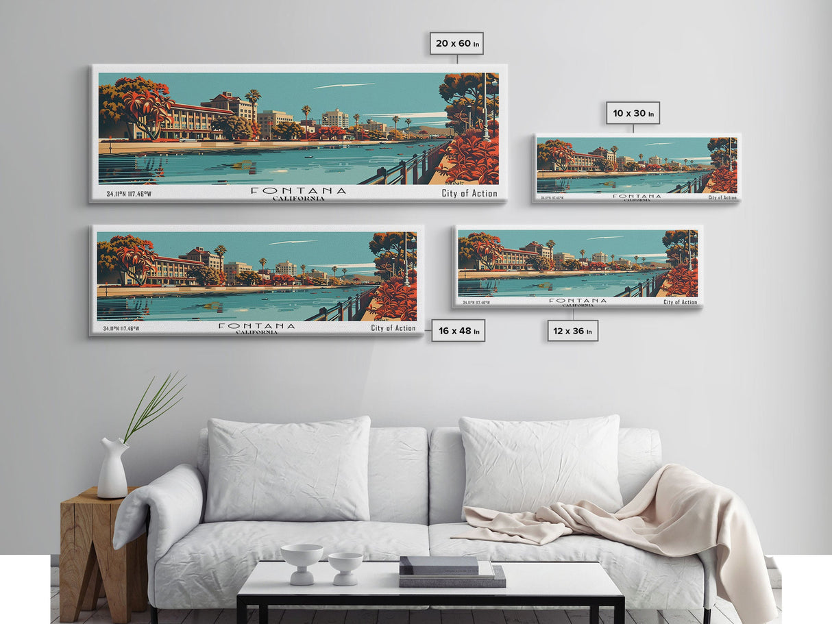 Fontana California Panoramic Painting, Framed Canvas Print, Mid Century Modern Wall Art, Retro Pop Art Travel Poster, Living Room Decor, City Art