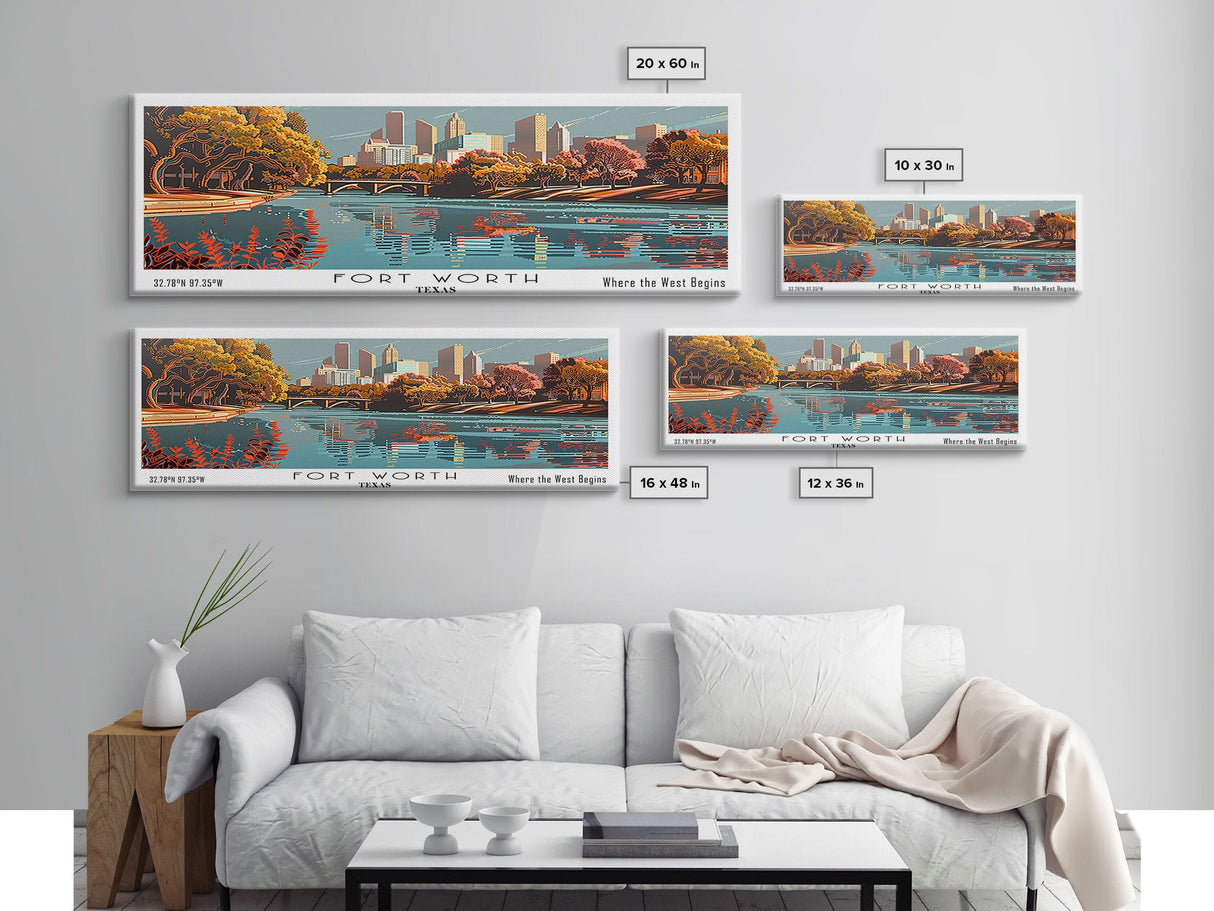 Fort Worth Texas Panoramic Painting, Framed Canvas Print, Mid Century Modern Wall Art, Retro Pop Art Travel Poster, Home Decor, City Art