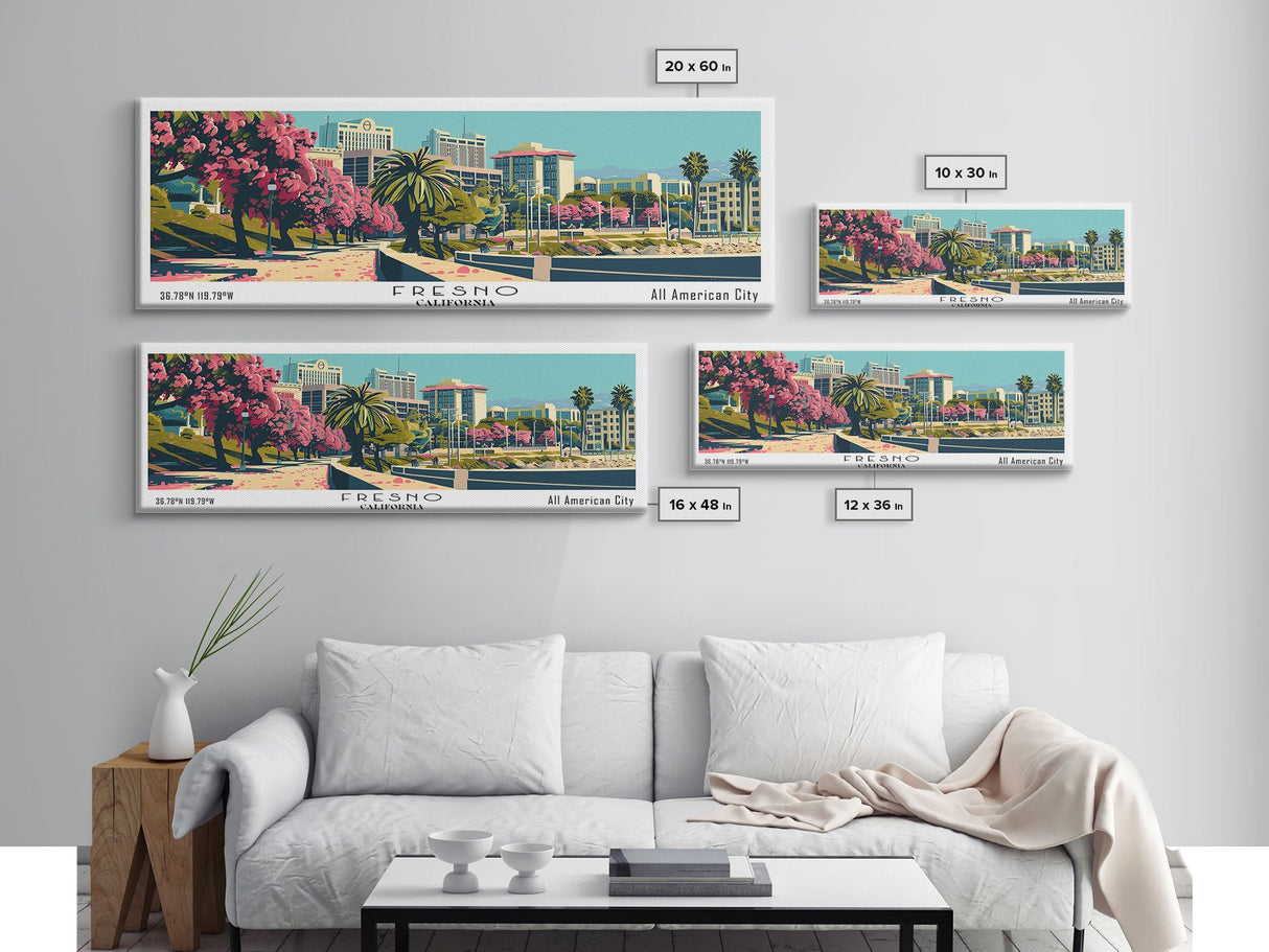 Fresno California Panoramic Painting, Framed Canvas Print, Mid Century Modern Wall Art, Retro Pop Art Travel Poster, Living Room Decor, City Art