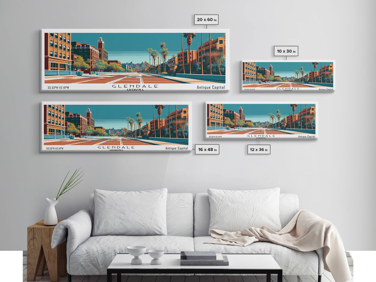 Glendale Arizona Panoramic Painting, Mid Century Modern Framed Canvas Print, City Art, Retro Pop Art Travel Poster, Living Room Decor, City Wall Art, Home Office Decor