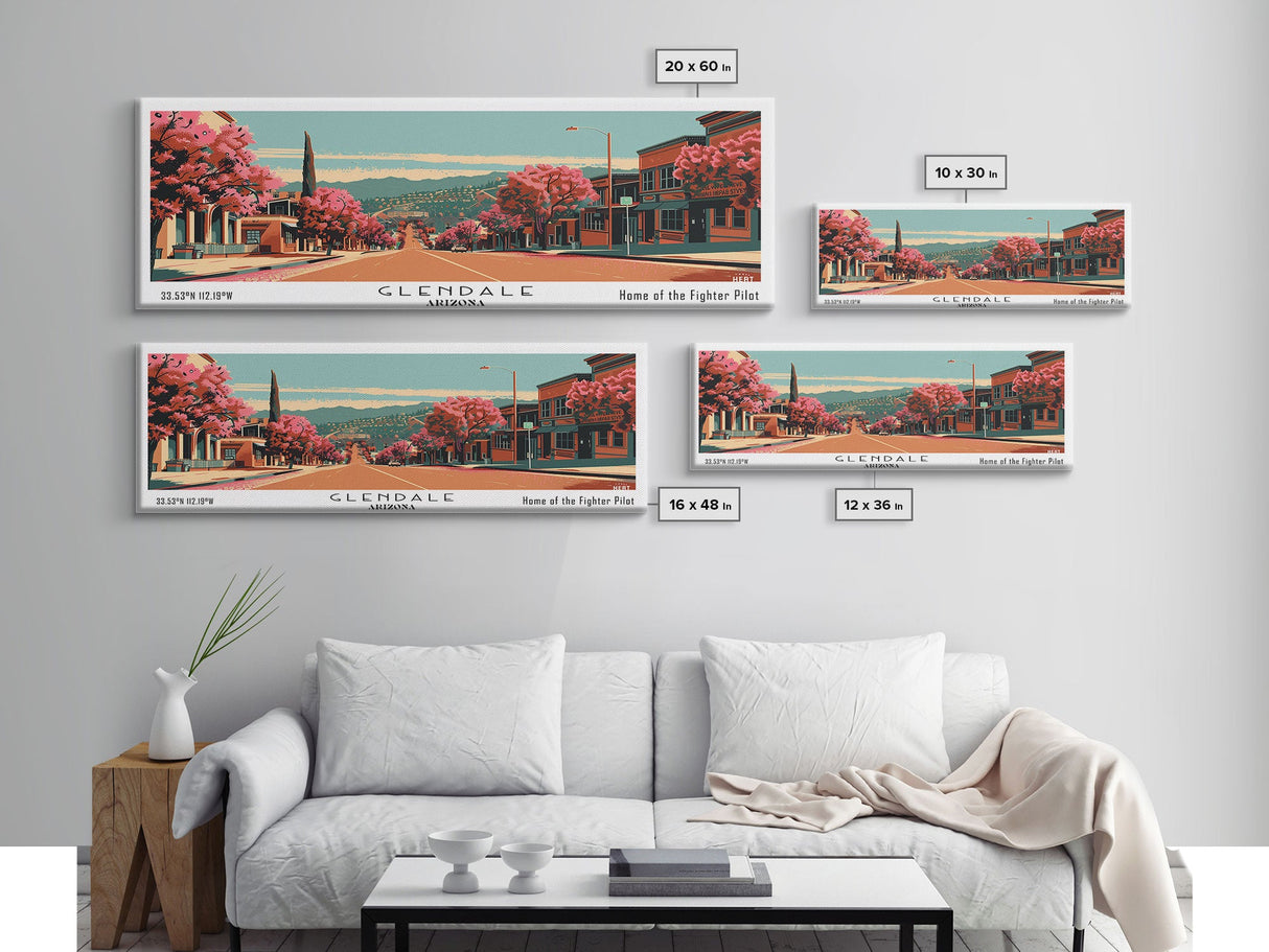 Glendale Arizona Panoramic Wall Art, Framed Canvas Print, Mid Century Modern Style, Retro Pop Art Travel Poster, Living Room Art, Home Decor, Cityscape