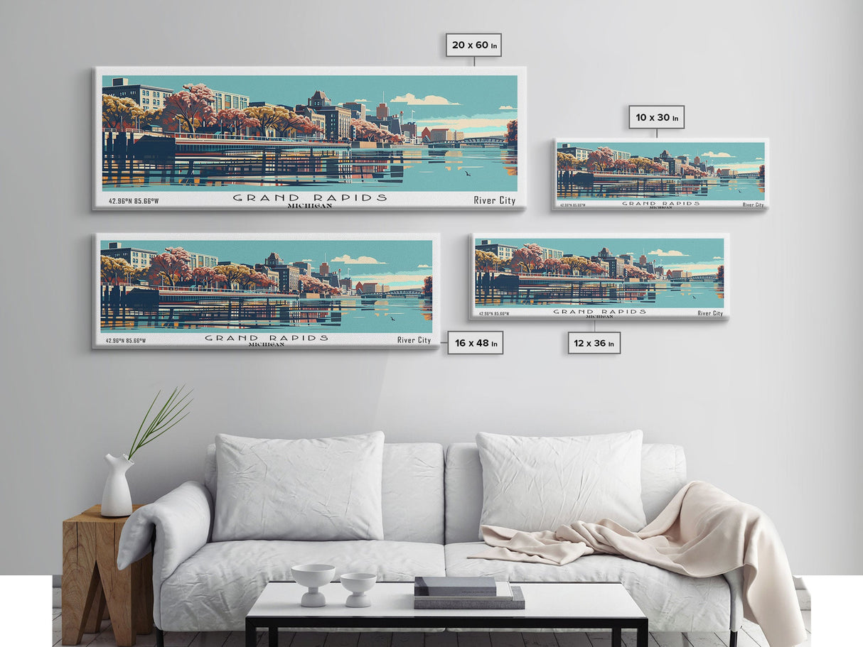 Grand Rapids Michigan Panoramic Painting, Framed Canvas Print, Mid Century Modern Wall Art, Retro Pop Art Travel Poster, Cityscape Decor, Living Room Art, Office Wall Art