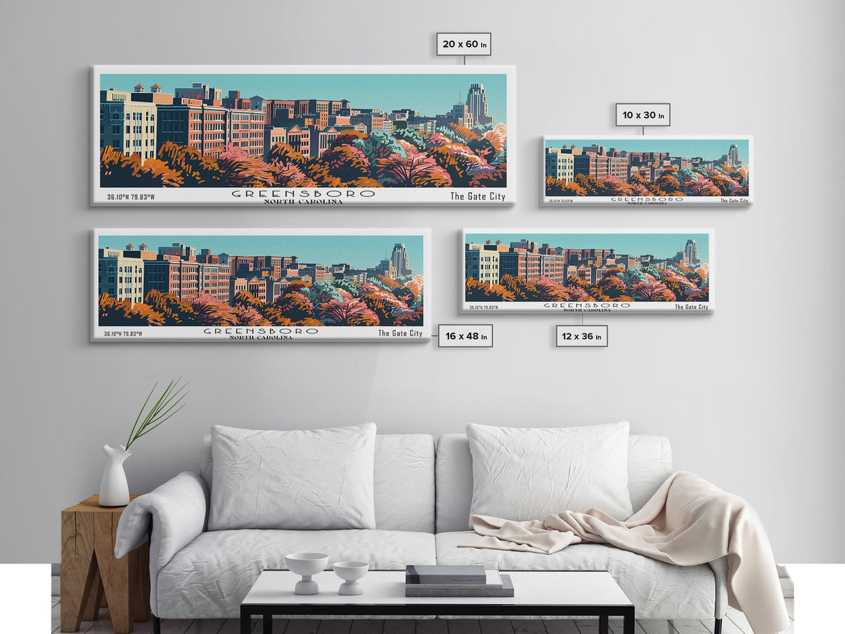 Greensboro North Carolina Panoramic Painting, Mid Century Modern Framed Canvas Print, Retro Pop Art Travel Poster, Cityscape Wall Art, Living Room Decor, Office Art