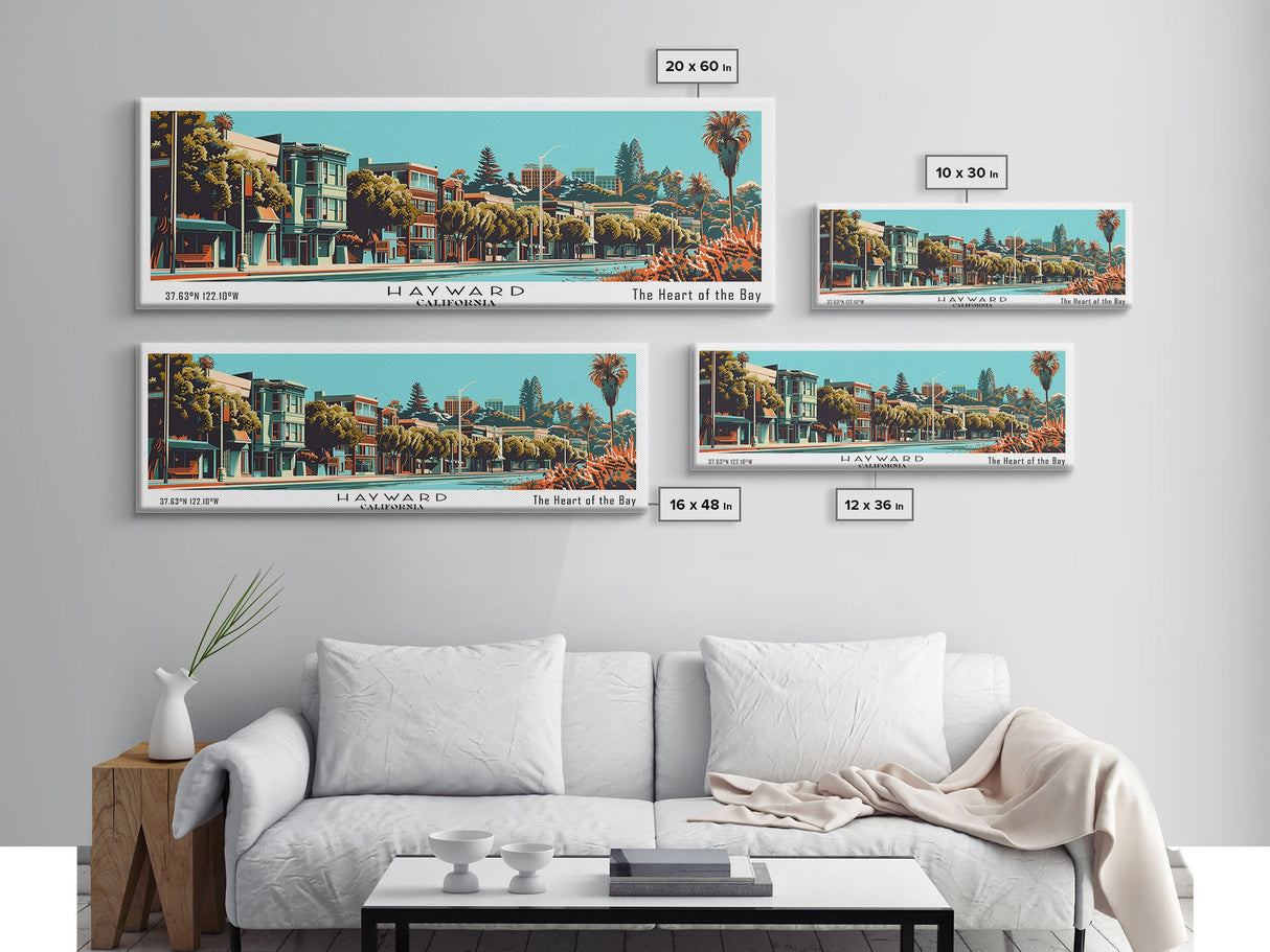 Hayward California Panoramic Painting, Framed Canvas Print, Mid Century Modern Wall Art, Retro Pop Art Travel Poster, Cityscape Decor, Office Wall Art, Home Decor