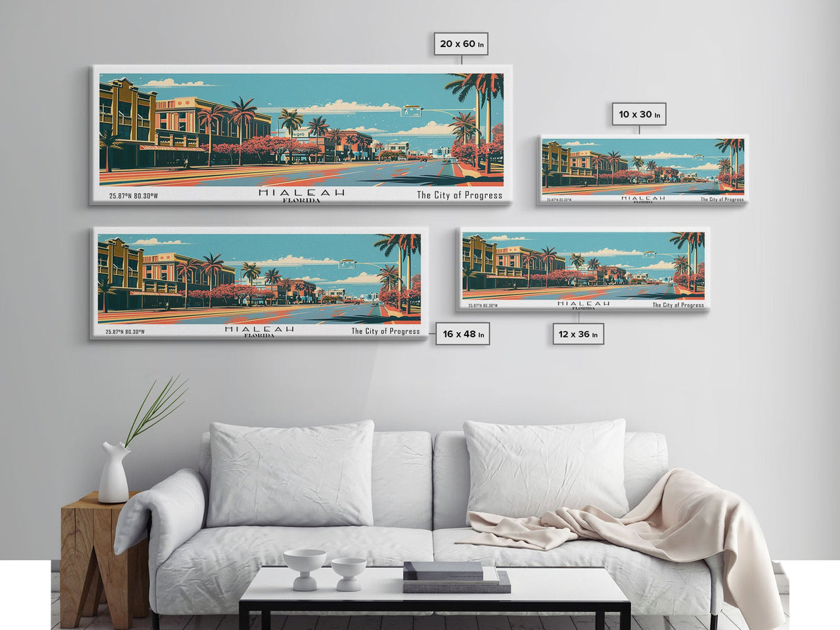 Hialeah Florida Panoramic Wall Art, Framed Canvas Print, Mid Century Modern Style, Retro Pop Art Travel Poster, Living Room Art, Cityscape Decor, Office Wall Art