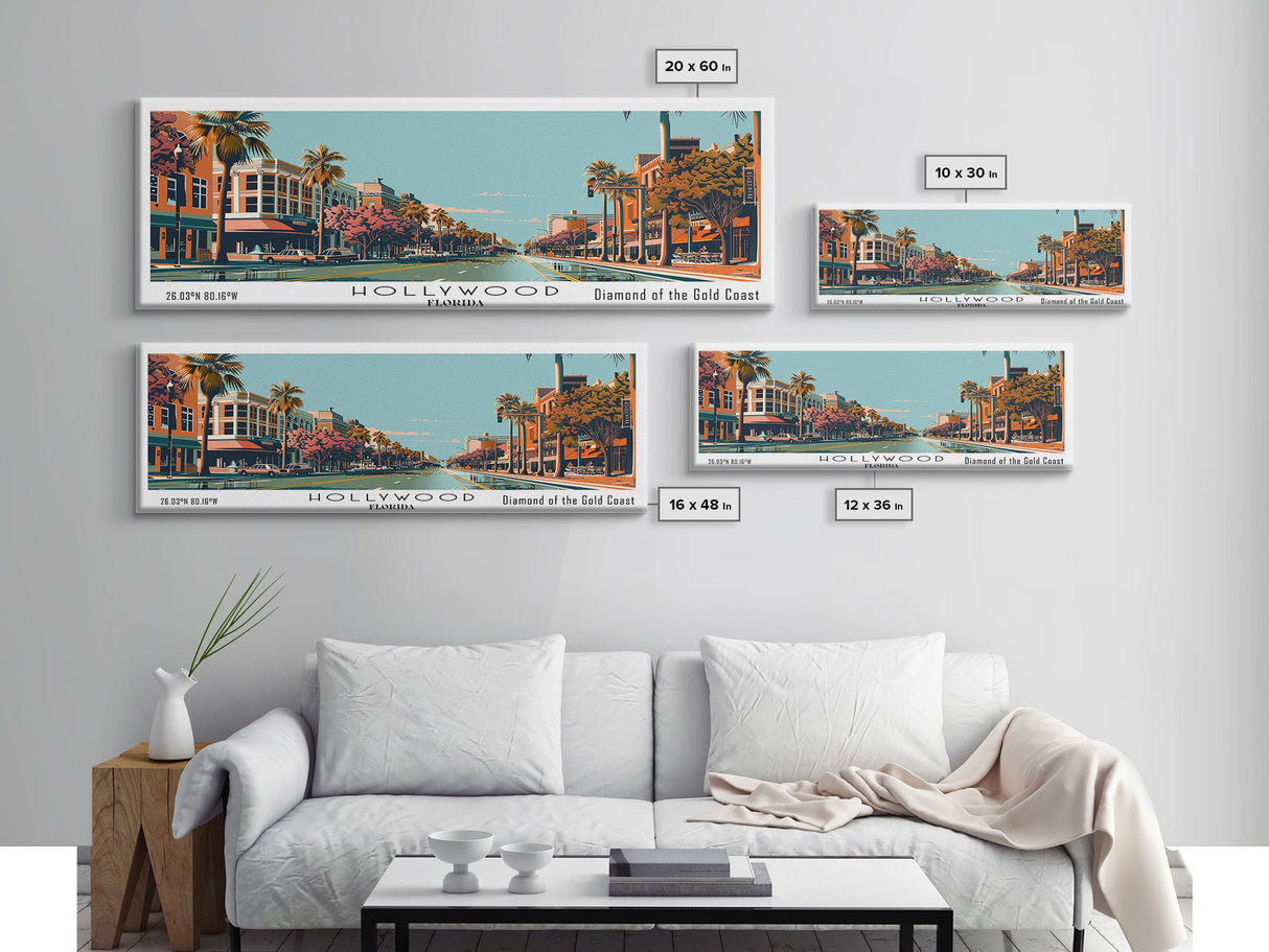 Hollywood Florida Panoramic Painting, Framed Canvas Print, Mid Century Modern Wall Art, Retro Pop Art Travel Poster, Office Decor, Cityscape Art, Living Room Decor