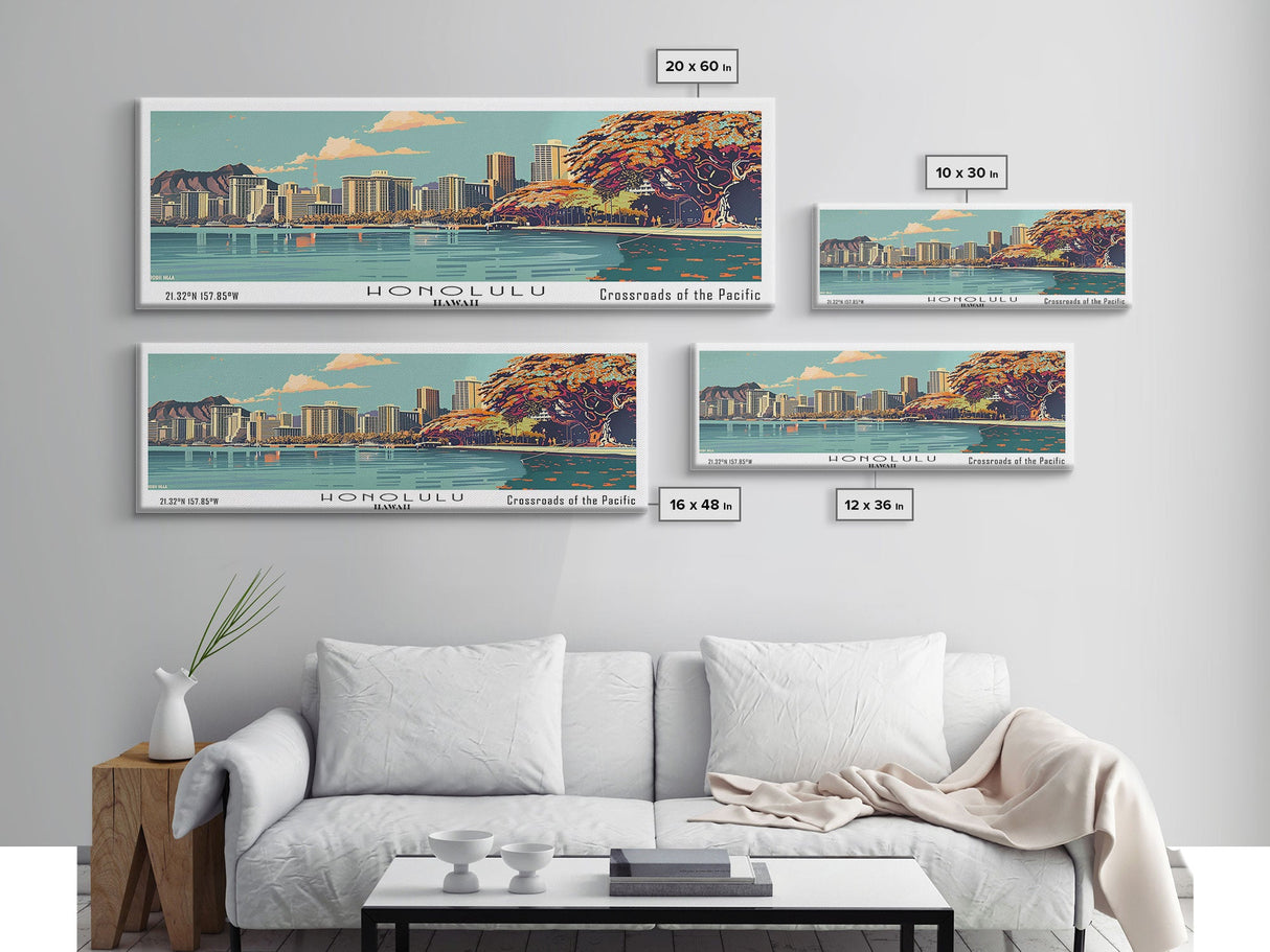 Honolulu Hawaii Panoramic Painting, Mid Century Modern Framed Canvas Print, Retro Pop Art Travel Poster, Cityscape Wall Art, Home Decor, Living Room Art, Office Wall Art