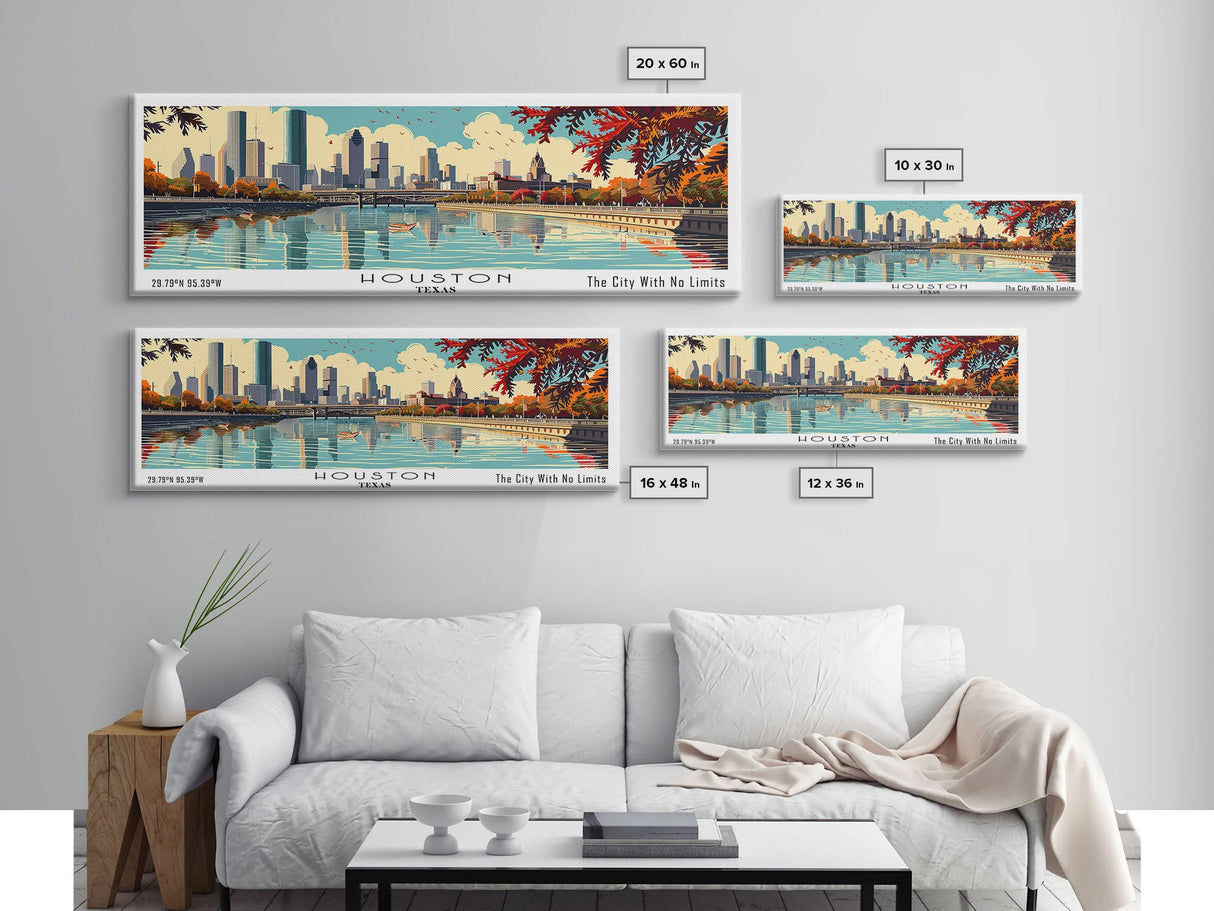 Houston Texas Panoramic Wall Art, Mid Century Modern Framed Canvas Print, Retro Pop Art Travel Poster, Living Room Decor, Cityscape Art, Home Office Decor