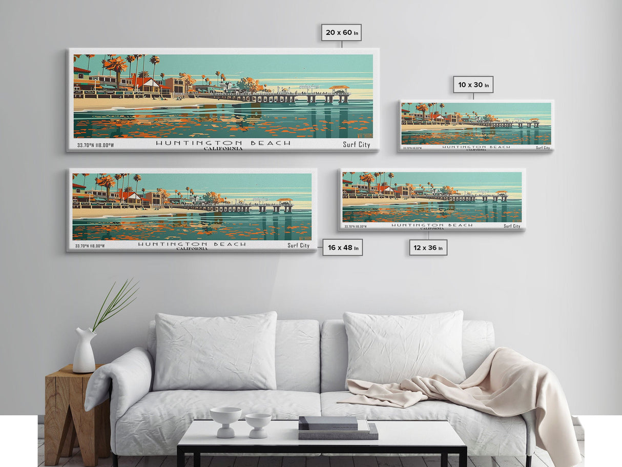 Huntington Beach California Panoramic Painting, Framed Canvas Print, Mid Century Modern Wall Art, Retro Pop Art Travel Poster, Cityscape Decor, Office Wall Art, Home Decor