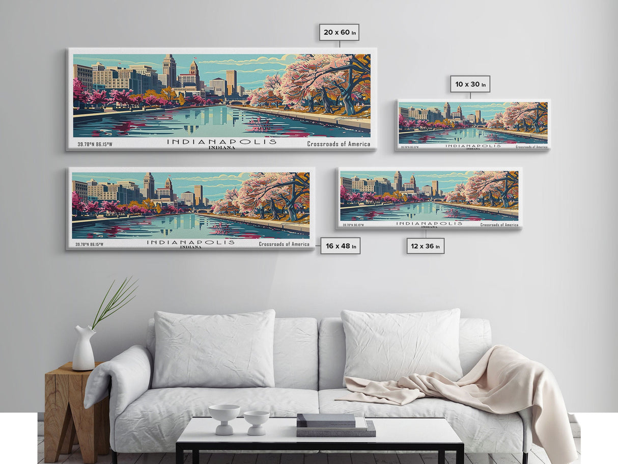 Indianapolis Indiana Panoramic Painting, Framed Canvas Print, Mid Century Modern Wall Art, Retro Pop Art Travel Poster, Cityscape Decor, Living Room Art, Office Wall Art