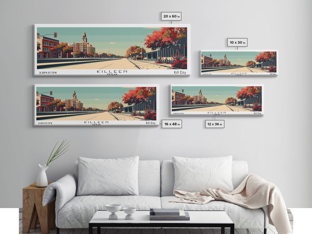 Killeen Texas Panoramic Painting, Mid Century Modern Framed Canvas Print, City Art, Retro Pop Art Travel Poster, Living Room Decor, Office Art, Cityscape Wall Art