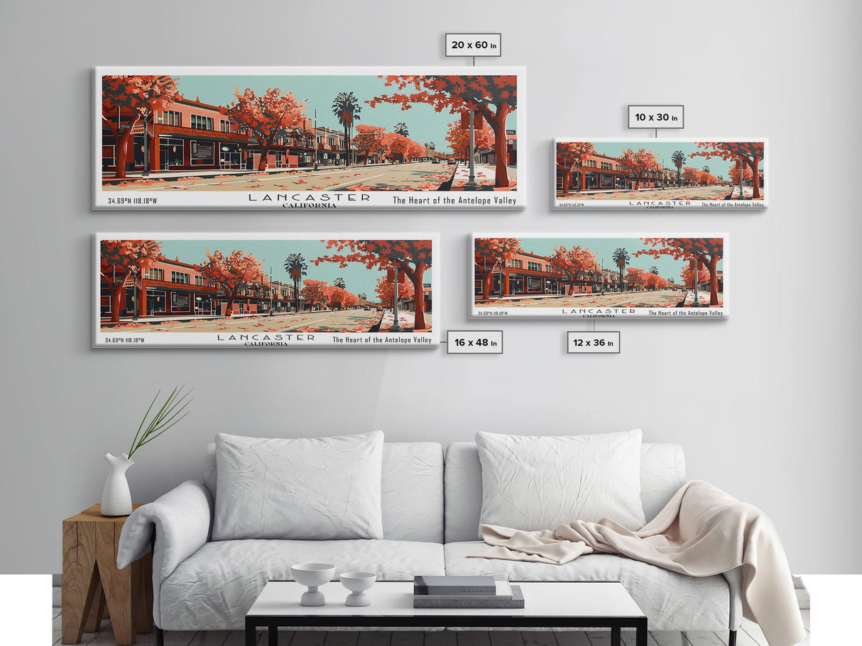 Lancaster California Panoramic Painting, Mid Century Modern Framed Canvas Print, City Art, Retro Pop Art Travel Poster, Living Room Decor, Office Art, Cityscape Wall Art