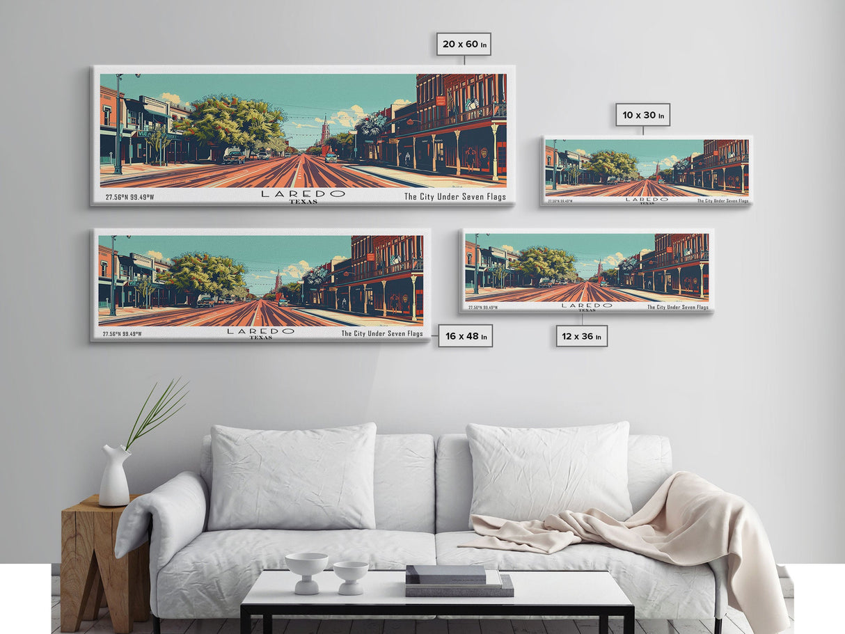 Laredo Texas Panoramic Wall Art, Mid Century Modern Framed Canvas Print, Retro Pop Art Travel Poster, Living Room Decor, Cityscape Art, Home Office Decor