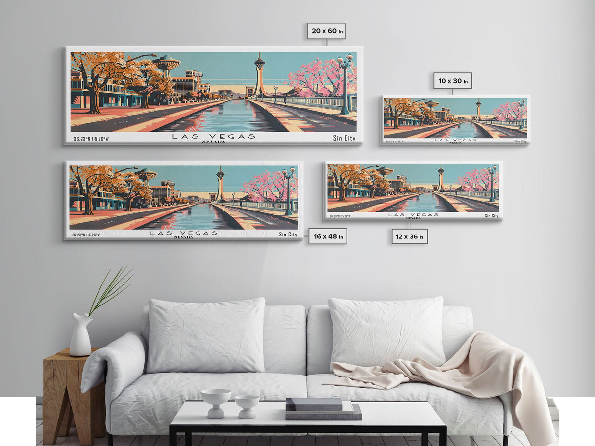 Las Vegas Nevada Panoramic Painting, Framed Canvas Print, Mid Century Modern Wall Art, Retro Pop Art Travel Poster, Cityscape Decor, Living Room Art, Office Wall Art