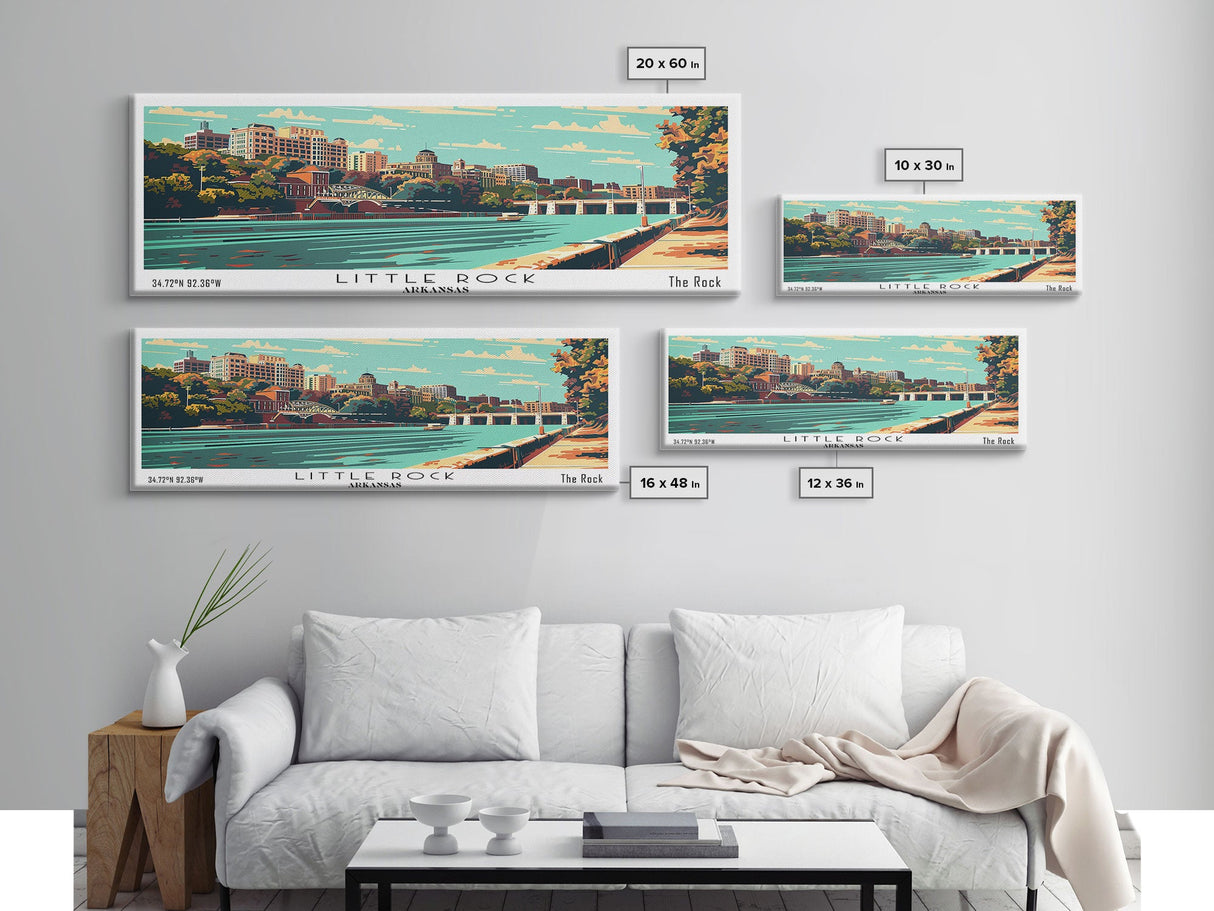 Little Rock Arkansas Panoramic View, Mid Century Modern Framed Canvas Print, Retro Pop Art Travel Poster, Office Decor, Cityscape Art