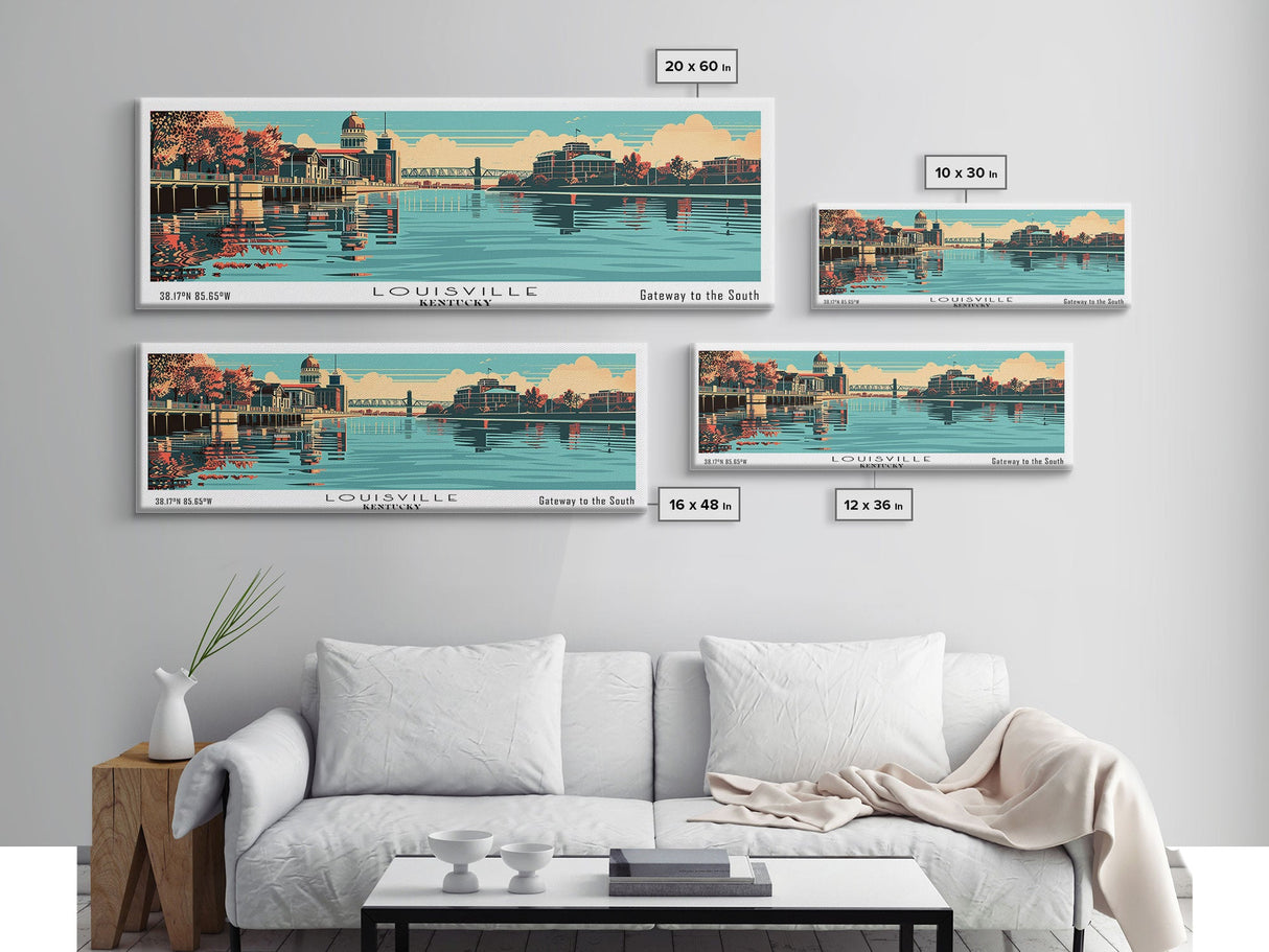 Louisville Kentucky Panoramic Wall Art, Mid Century Modern Framed Canvas Print, Retro Pop Art Travel Poster, Office Decor, Living Room Art