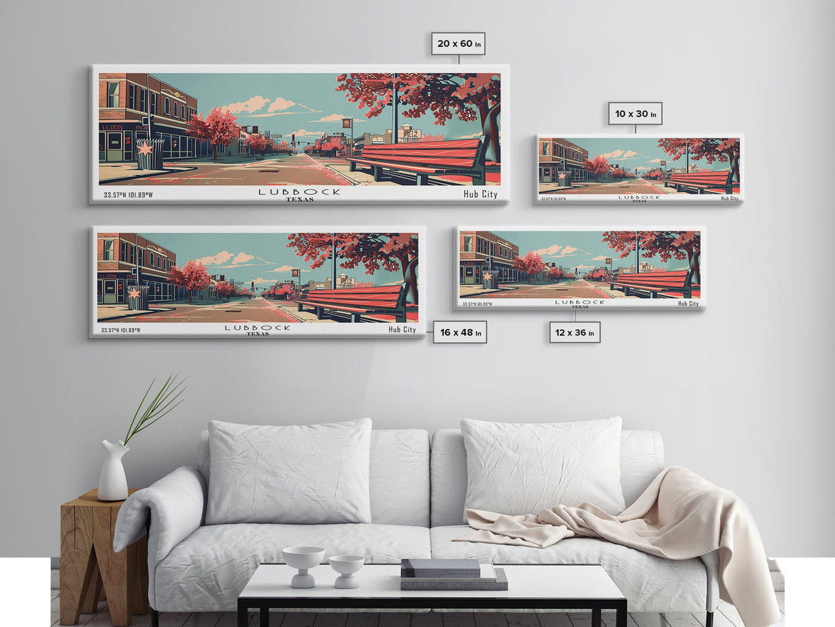 Lubbock Texas Panoramic Painting, Mid Century Modern Framed Canvas Print, Retro Pop Art Travel Poster, Living Room Decor, Gift Idea