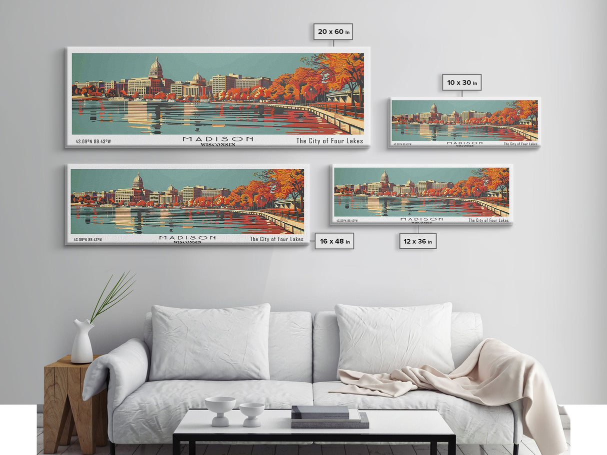 Madison Wisconsin Panoramic Wall Art, Mid Century Modern Framed Canvas Print, Retro Pop Art Travel Poster, Office Decor, Gift Idea